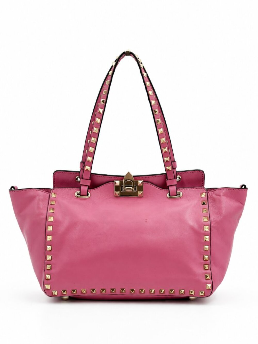 Valentino Rockstud Pink Leather Tote Bag Gold Studs Top Handle
